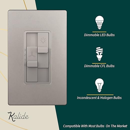 TOPGREENER Kalide Combo Dimmer Switch with 3-Speed Fan Control, Light and Fan Combination Switch, Single Pole, 2.5A, 200W LED/CFL, Neutral Wire Not Required, TGDSFS3-NK, Nickel