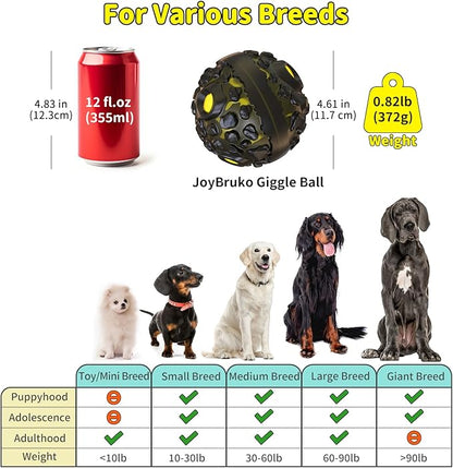 Dog Ball for Aggressive Chewers - Interactive Dog Toy Giggle Balls Fun Squeaky Sound to Keep Them Busy, Durable for Small Medium Large Breeds, Rubber Chew Toys, As Seen on TV, Black & Yellow