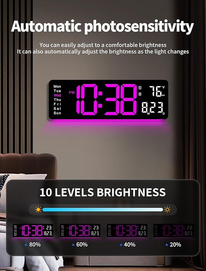 MASHI Digital Wall Clock, 16" Large Display Digital Clock with Remote Control, Auto-Dimming Wall Clock with Night Light, DST, Date Week,Temp for Living Room, Bedroom, Decor, Gift for Elderly