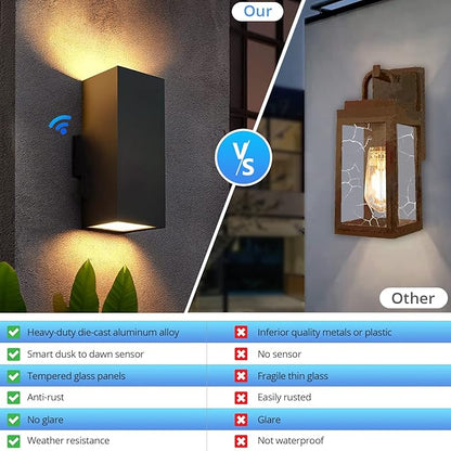 wowlite Outdoor Wall Lights Dusk to Dawn Sensor, 2700K Warm LED Up Down Sconce, IP65 Waterproof 13" Modern Square Matte Black Exterior Light Fixture Wall Mount for Porch Patio Garage, ETL Listed