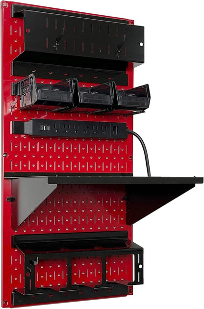 Wall Control Power Tool Storage Organizer Kit Cordless Drill Holder Charging Station Rack 16” x 32” Metal Pegboard Organization System (Red Pegboard)