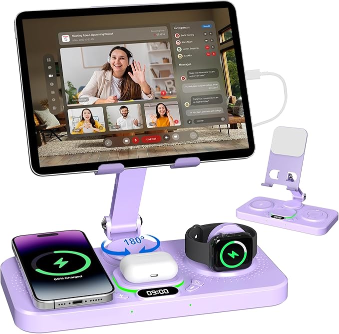 30W Charging Station for Apple Products, Foldable Wireless Charger with Clock Display&7 Color Light, Wired Charging for iPad/Tablet Charging Station for iPhone17, for Apple Watch11 for AirPods4(Purple