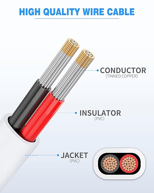 NAOVEO 16 Gauge Wire 2 Conductor Electrical Wire, 16 AWG Stranded PVC Tinned Copper Cable, Flexible/Low Voltage Automotive Wiring for LED Lamps, Marine, Speaker, Appliances (100FT)