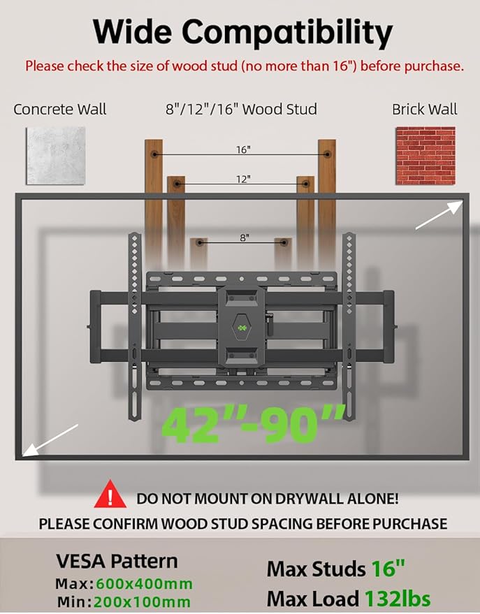 USX Mount Full Motion TV Wall Mount for Most 42-90 inch Flat Screen/LED/4K, TV Mount Bracket Dual Swivel Articulating Tilt 6 Arms, Max 16" Wood Studs, VESA 600x400mm, Holds up to 132lbs