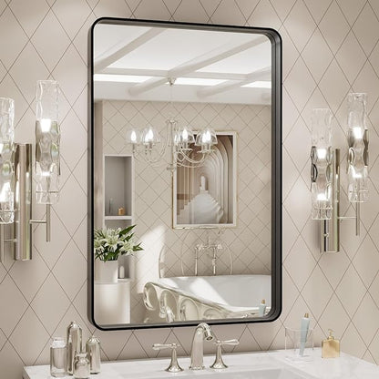 LOAAO 24X30 Inch Black Metal Framed Bathroom Mirror for Wall, Matte Black Bathroom Vanity Mirror Farmhouse, Large Rounded Rectangle Mirror, Anti-Rust, Hangs Horizontally or Vertically