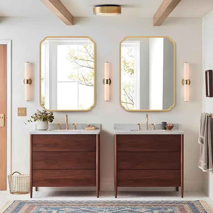 30" x 40"Gold Bathroom Mirror for Over Sink, Modern Rounded Corner Rectangle Wall Mirror for Bathroom Vanity Decorative with Non-Rusting Iron Metal Framed (Horizontal/Vertical)