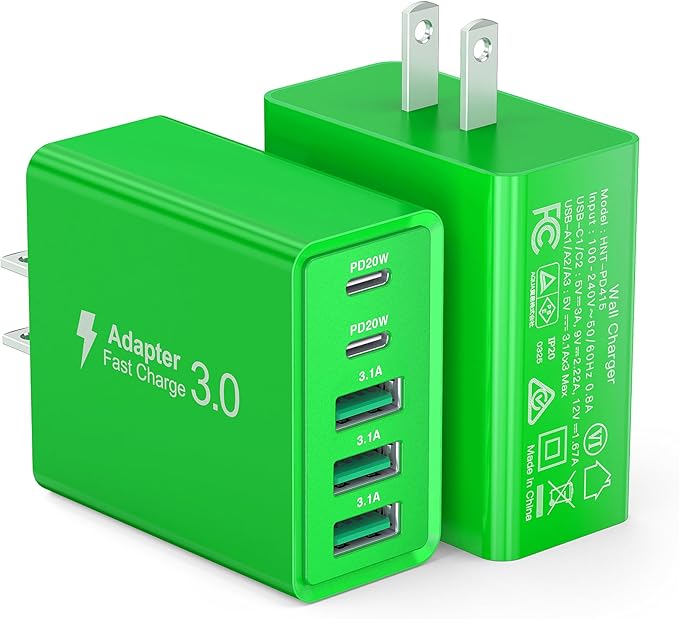 USB C Wall Charger, 60W USB C Charger Block 5-Port PD Fast Charging Blocks,USB A Multiport Plug Brick Cube,Dual Type C Power Adapter for iPhone 17/16/15/14/13/Pro,iPad,Samsung,for Switch（Green 2-Pack）