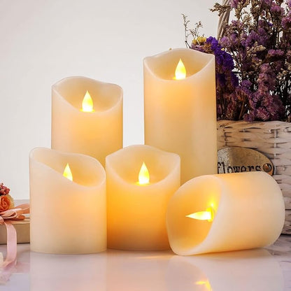 Flameless Candles, Flickering Moving Flame LED Candles Set of 5 (Size: D: 3" x H: 4"/4"/4"/6"/6") Pillar Realistic Real Wax Battery Operated Candles with Remote Control 2 4 6 8 Hours Timer