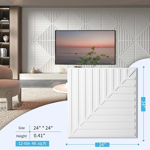 Art3d 12-Pack Drop Ceiling Tiles 2x2 FT, PVC 3D Textured Panels for Interior Wall Decor Living Room Bedroom Office, 24x24 Inch, White