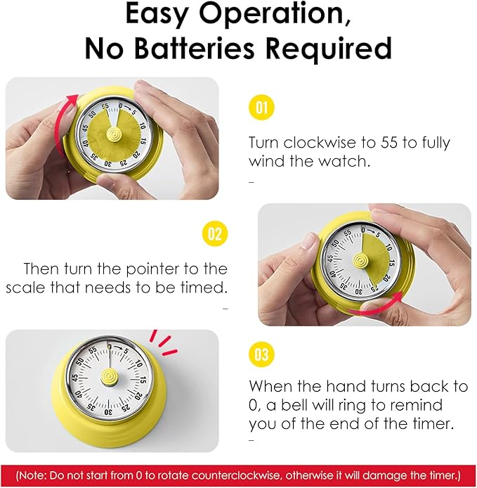 Visual Timer, Teeloray 60-Minute Countdown Timer, Kitchen Timer with Magnetic Base, Mechanical Clockwork, Ringer Alert, Time Management Tool for Children and Adults, Study/Work/Cooking (Yellow)