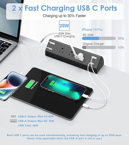 Jgstkcity Desk Clamp Power Strip,40W Total Fast Charging Station,2 PD 20W USB C Ports,Desk Edge Mount Surge Protector for Home, Office,3 Outlets,Fit 1.96" Tabletop Edge,ETL Listed