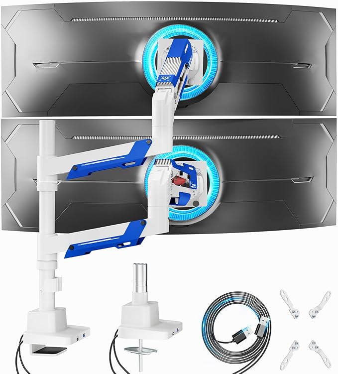 ARES WING Dual Monitor Mount, Adjustable Stacked Monitor Stand with USB A/C, Heavy Duty Gas Spring Monitor Desk Stand for 2 Monitors for 24-57 Inch Ultrawide Screen, 75/100/200 Vesa Mount, White