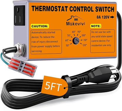Attic Fan Thermostat-Control: with Socket and Wire Connector, Can Be Connected to Two Fans, Replacement Thermostat with Overload Protector, Temperature Controlled Exhaust Fan for Workshop, Greenhouse