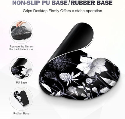 Gaming Mouse Pad, Large Desk Mat, Cute Desk Pad Protector, 4in1 XXL Mousepad + Keyboard Wrist Rest+Mouse Wrist Rest+Coaster Set with Ergonomic Desk Pad for Home Office PC Computer, Black White Flowers