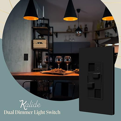 TOPGREENER Kalide Dual Load Dimmer Light Switch, Double LED Dimmer Switch, Full Range Dimming, Single Pole, 120VAC, 60Hz, 200W LED/CFL, Neutral Wire Not Required, TGDDS-BK, Black