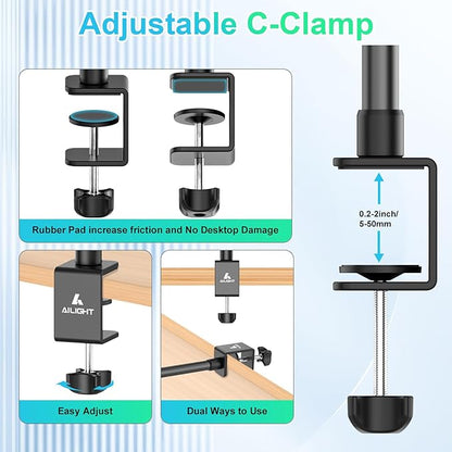 Ailight Camera Desk Mount Webcam Stand, Adjustable Table Camera Stand with 1/4" Screw & C Clamp Overhead Tripod Webcam Mount for Logitech Obsbot insta360 Anker and Others