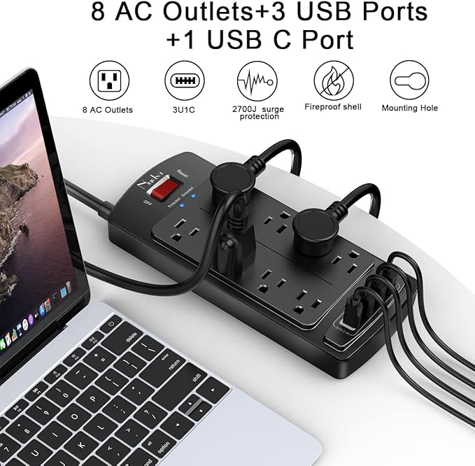 Surge Protector Power Strip - Nuetsa Flat Plug Extension Cord with 8 Outlets and 4 USB Ports, 20 Feet Power Cord (1625W/13A), 2700 Joules, ETL Listed, Black