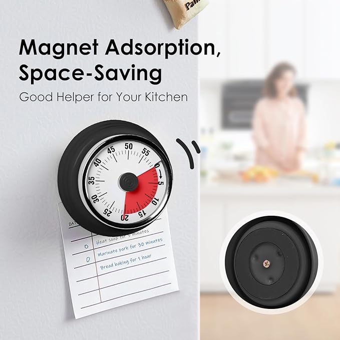 Visual Timer, Teeloray 60-Minute Countdown Timer, Kitchen Timer with Magnetic Base, Mechanical Clockwork, Ringer Alert, Time Management Tool for Children and Adults, Study/Work/Cooking (Black)