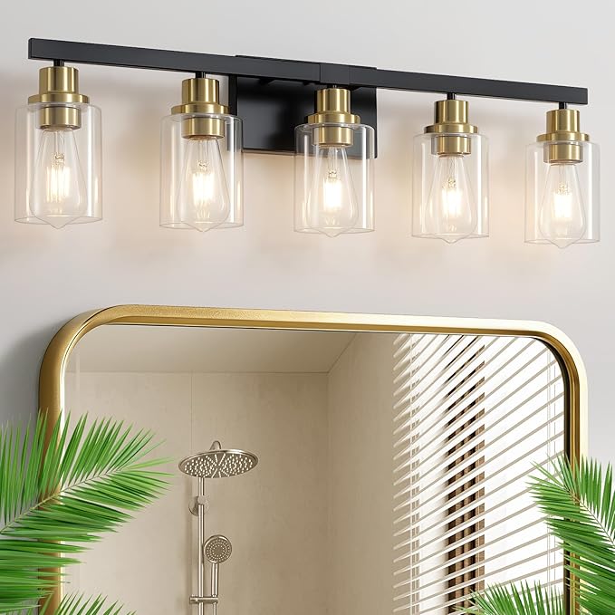 DIKAIDA 5-Light Black and Gold Bathroom Vanity Light, 30" Modern Vanity Lighting Fixture, Bathroom Light Fixtures, Wall Sconces with Clear Glass Shade, Black Bathroom Wall Light Over Mirror