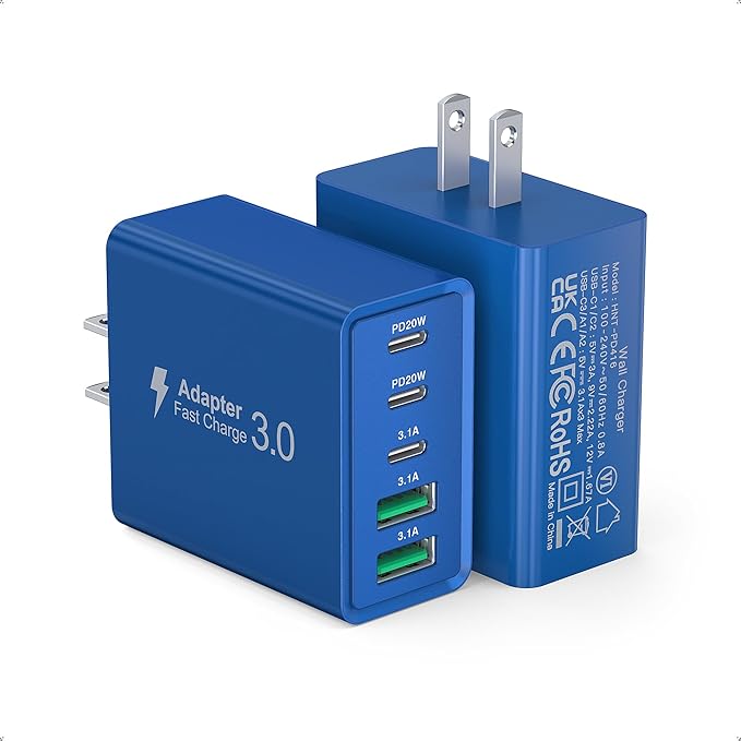 60W USB C Fast Charger Cube,2 Pack PD+QC Charging Block Power Adapter 5 Port Wall Mount Plug for iPhone 17 16 15 14 13, Motorola, LG, Google Pixel 6a/6 Pro/6/5a/5/4/4A Box Brick (Dark Blue)