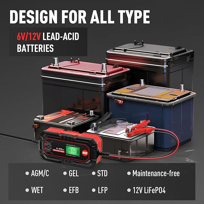 Sailvono 4A Battery Charger, 6V and 12V Smart Trickle Charger, 10-Stages 14.6 Volt LiFePO4 Automatic Battery Maintainer with Supply Mode for Motorcycle Car Lawn Mower Boat Marine Lead Acid Batteries