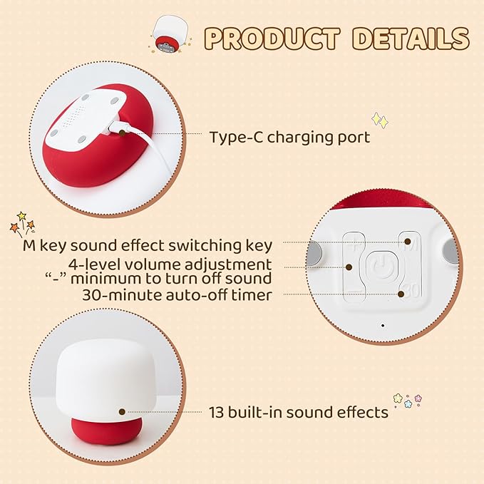 Mushroom Night Light for Kids-Gift & Toy for Kids, Touch Lamp with Sounds&Sleep Music, Squishy Silicone, Eye-Safe LED, 30-Min Timer, Dimmable Rechargeable Bedside Table Lamp – Gift for Boys & Girls