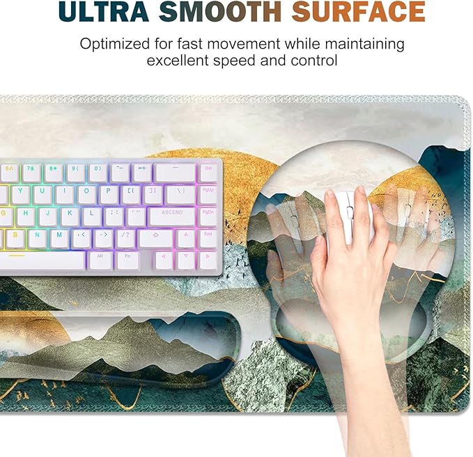 Gaming Mouse Pad, Large Desk Mat, Cute Desk Pad Protector, 4in1 XXL Mousepad +Keyboard Wrist Rest+Mouse Wrist Rest+Coaster Set with Ergonomic Desk Pad for Home Office Table Computer Green Mountain