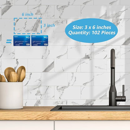 Art3d 102-Piece Faux Stone Peel and Stick Backsplash Tile, Waterproof Thick PVC Stick On Subway Wall Tile for Kitchen Bathroom Laundry Room Fireplace - 3" x 6" Gray Marble