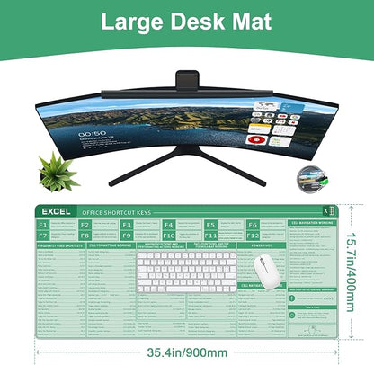 Baziabbo Office Desk Mat, Excel Cheat Sheet Keyboard Mat, Excel Shortcut Desk Pads,Non-Slip Excel Mousepad with Stitched Edges for Computer (Sheet Green)