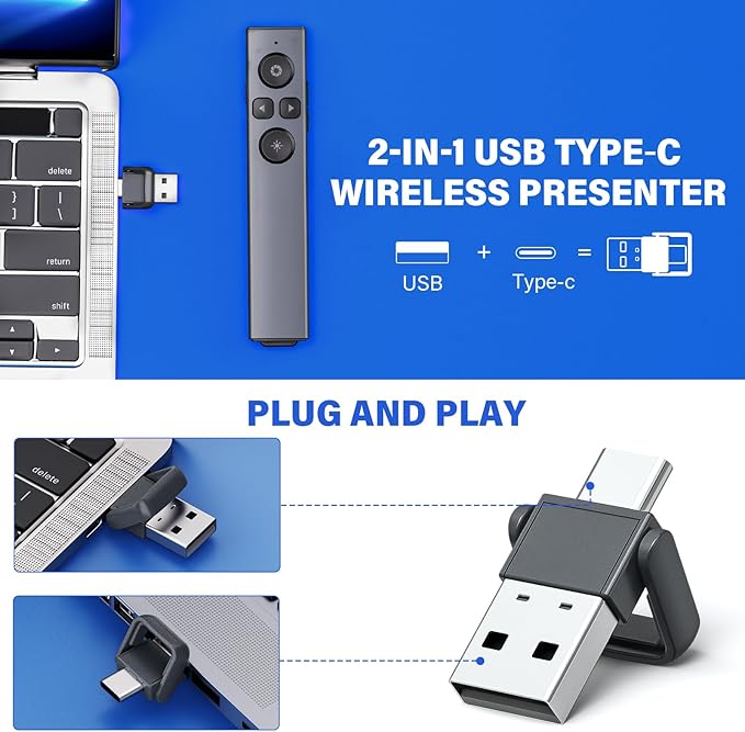 Presentation Clicker Wireless Presenter Remote Clicker, Clicker for Powerpoint Presentations,2-in-1 USB A/USB C Powerpoint Clicker for Google Slide Advancer & Volume Control, Presenter Remote for Mac