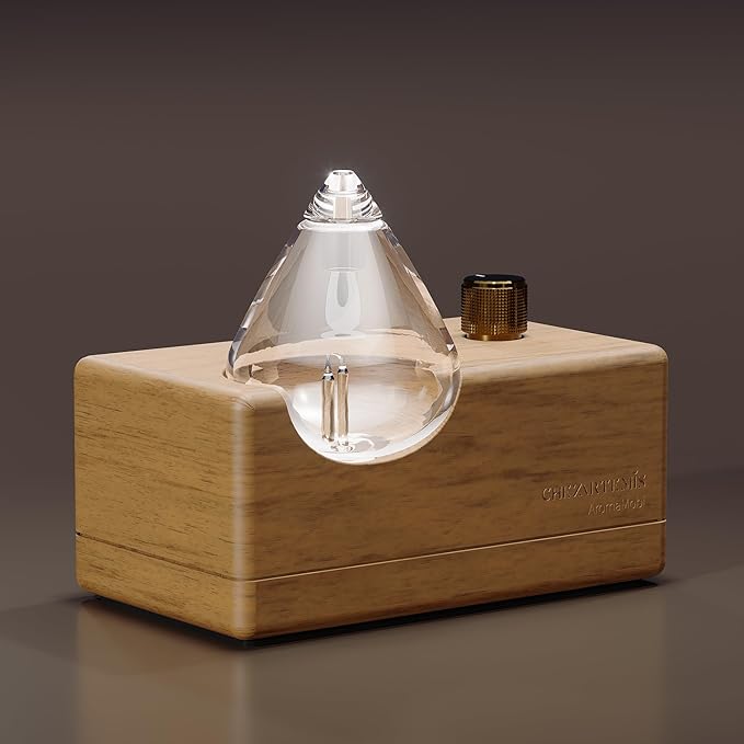 Waterdrop Glass Essential Oil Diffuser with Handmade Wood Base for Aromatherapy, Waterless Scent Diffuser for Yoga Home Office, Portable & Cordless Oil Nebulizer with LED & Timer, Valentine's Day gift