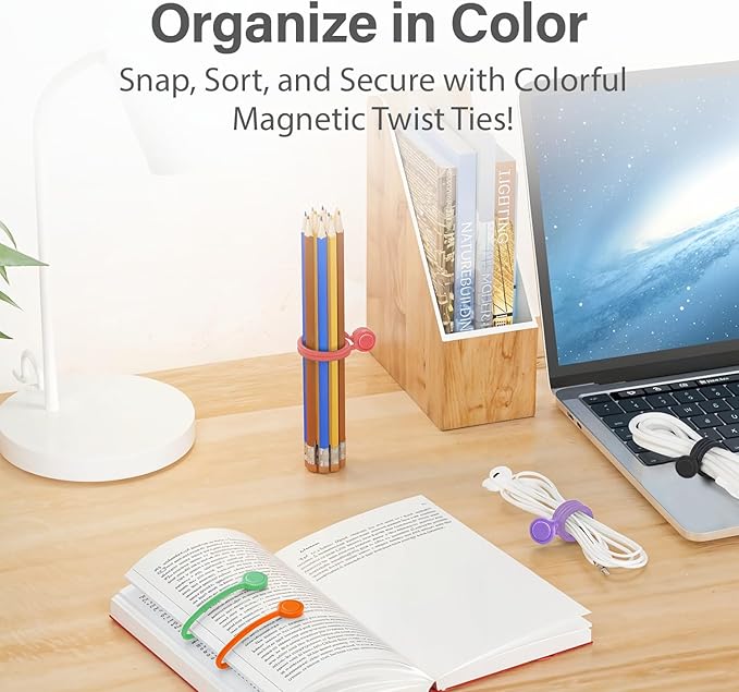 30-Pack Magnetic Cable Ties – Snap-On Silicone Magnetic Cord Ties with Strong Magnets – Reusable Magnetic Ties for Cords, Wire Organizer, Charging Cord Organizer – Assorted Colors