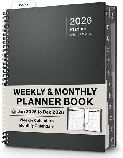 Dunwell 2026 Planner Book 8.5x11, Weekly Monthly Calendar, Jan to Dec, Large Daily Organizer with Laminated Tabs, Bookmark, Notes Section & Stickers