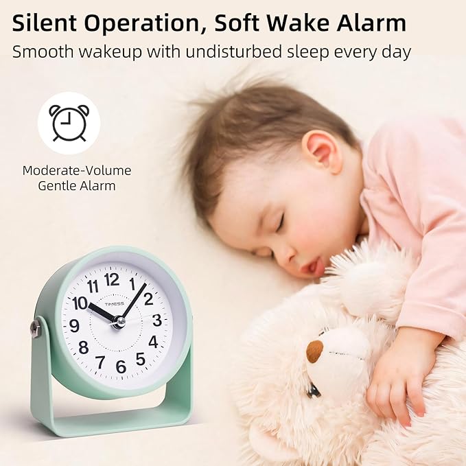 TIMESS Analog Alarm Clock, Silent Non-Ticking Quartz Movement, Battery-Operated with Snooze & On-Demand Light, Easy to Set Gentle Wake Bedside Desk Clock, Ideal for Home, Travel, Office (Green)