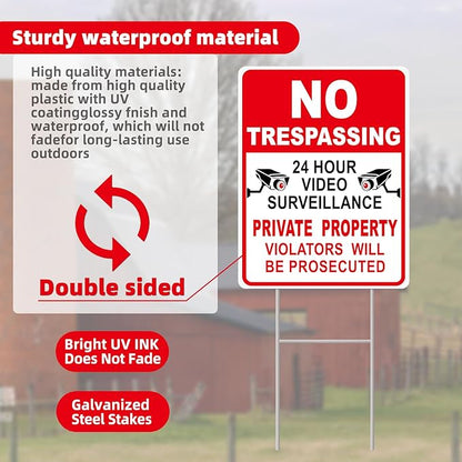 GXGGUS NO Trespassing Signs Private Property Video Surveillance Sign, Large 2-Pack 13"x10" Double-Sided Signs, H-Stake Metal Stakes, Outdoor Yard Sign for Home and Front Door Land, and Garden, Lawn