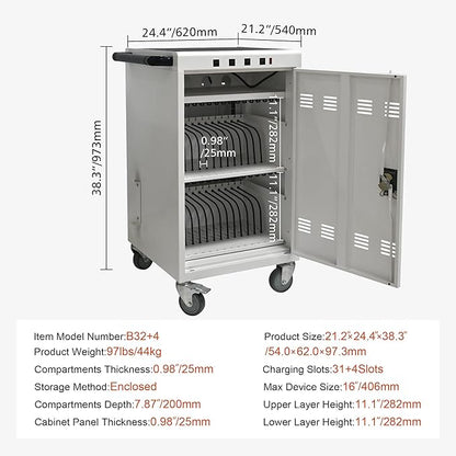 Aokleo Laptop Charging Cart,35 Devices Tablet Storage Carts for pad Up to 16.3" Screen Size, Classroom Computer Mobile Charging Station for Pads, Chromebooks,Laptops, Security Storage(31+4 Bay-White)