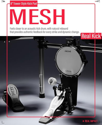 AKLOT Electric Drum Set with Kick-Tower: 4 Dual Zone Mesh Pads, 8’’ Tower-Style Kick Drum, 10’’ Snare, Dual Zone 10’’ Cymbals with Choke, 360 Sounds, User Kit, USB-MIDI, Throne, B-CORE 540 Air, Silver
