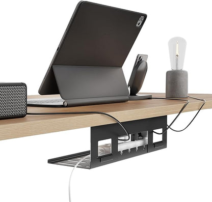 PEGZONE Under Desk Cable Management Tray, 15.7 Inches Metal Cord Organizer Rack, Desk Tray for Power Strip, Cord, Wire, Easy Mounting Cable Management Under Table for Home Office, Black