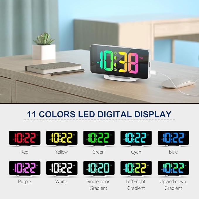 Hournor Digital Alarm Clock, LED Digital Clock for Bedrooms with 10 Color Changing Night Light, Adjustable Brightness, USB Charging Port, Bedside and Desk Clocks for Living Room Office (White)