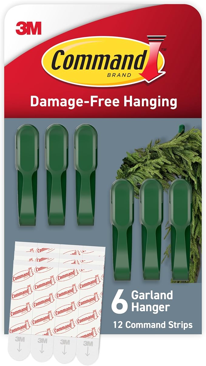 Command Garland Holder, Fireplace Mantle Garland Holder for Displaying Garlands, Wreaths, and Holiday Decor Without Leaving Damage, Holes, or Residue, Holds 2lbs, Green, 6 Pack