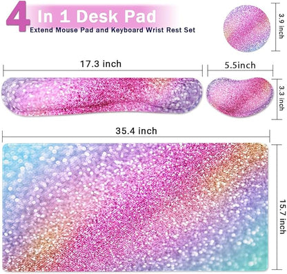 Large Keyboard Mouse Pad Set, Extended Mouse Pad+Keyboard Wrist Rest Support, Memory Foam Ergonomic Easy Typing, 4Pcs (35.4×15.9 in) Desk Pad Set for Home Office Study Game - Colorful