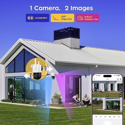 xmartO [Dual-CAM 180+° FOV] 6MP 2-in-1 WiFi Home Security Camera with AI Tracking, Pan Tilt Zoom, 5G Dual Band, Bluetooth Easy Setup (Standalone & Groupable CAM, 2-Pack)