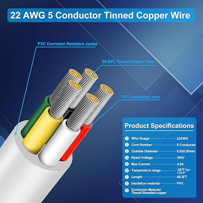 22 Gauge 5 Conductor Electrical Wire, 49.2FT Low Voltage 22/5 Tinned Copper Stranded 5 Wire Cable, 22 AWG White Flexible Extension Power Cord for Sprinkler, Thermostat, Speaker, Irrigation, Automotive
