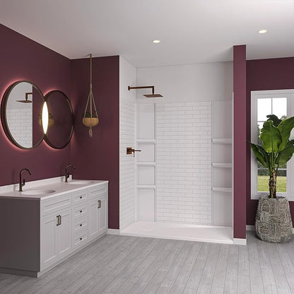 White Acrylic Shower Wall Surround 36"x 60"x 80" - Waterproof, Easy-to-Install, Two Shelf Units Kit Included - Shower Wall Surround Panels - Subway Tiles Pattern, Classic Shelves