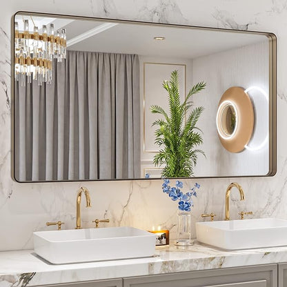 LOAAO 55”X30” Bronze Bathroom Mirrors for Vanity, Rounded Rectangle Brushed Bronze Metal Frame Mirror, Anti-Rust, Tempered Glass, Hangs Horizontally or Vertically
