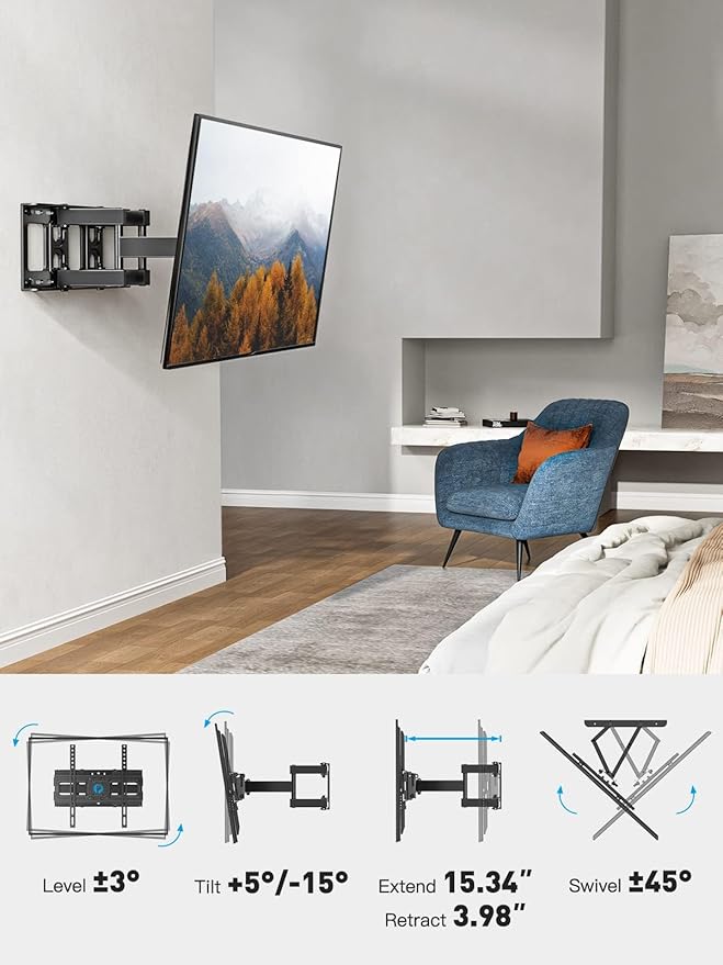 Pipishell TV Wall Mount for 26-74 inch LED LCD OLED 4K TVs up to 99lbs, Full Motion TV Mount Bracket Articulating Swivel Extension Tilting Leveling Max VESA 400x400mm, Fits 12/16 Inch Wood Studs