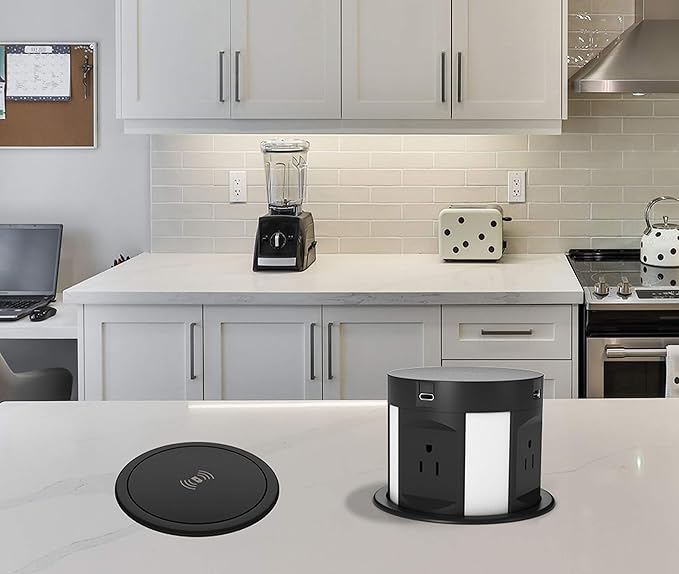 Automatic Pop Up Outlet for Countertop, Recessed Power Strip with 4 AC Outlets, 2 USB A, 2 USB C Pop Up Socket, Wireless Charger Station for Kitchen Conference Workbench, ETL Listed