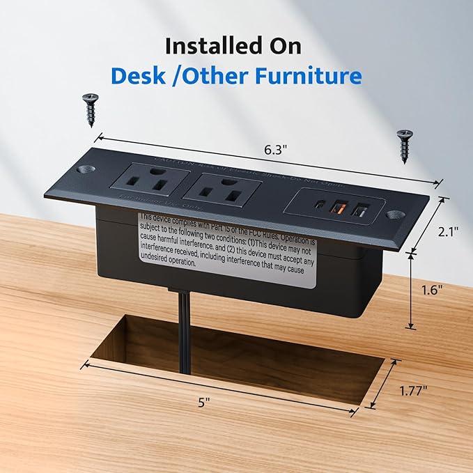 DOACE Recessed Power Strip with USB C Fast Charging Conference Recessed Outlet,Space-Saver for Furniture Side Table,2 AC Outlets,3 USB Ports,6ft Cord, for Home