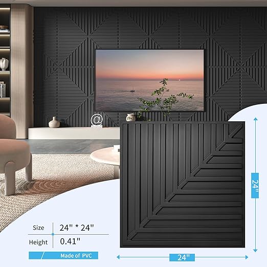 Art3d 12-Pack Drop Ceiling Tiles 2x2 FT, PVC 3D Textured Panels for Interior Wall Decor Living Room Bedroom Office, 24x24 Inch, Black