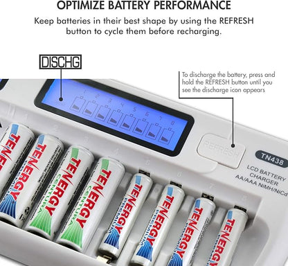 Tenergy TN438 16 Bay Battery Charger for AAA and AA Rechargeable Batteries, AA/AAA NiMH/NiCd Rechargeable Batteries Charger with AC Wall Adapter and Car Adapter